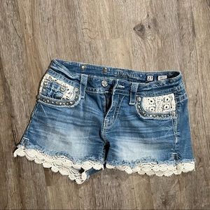 Miss Me Denim Shorts with Lace Trim